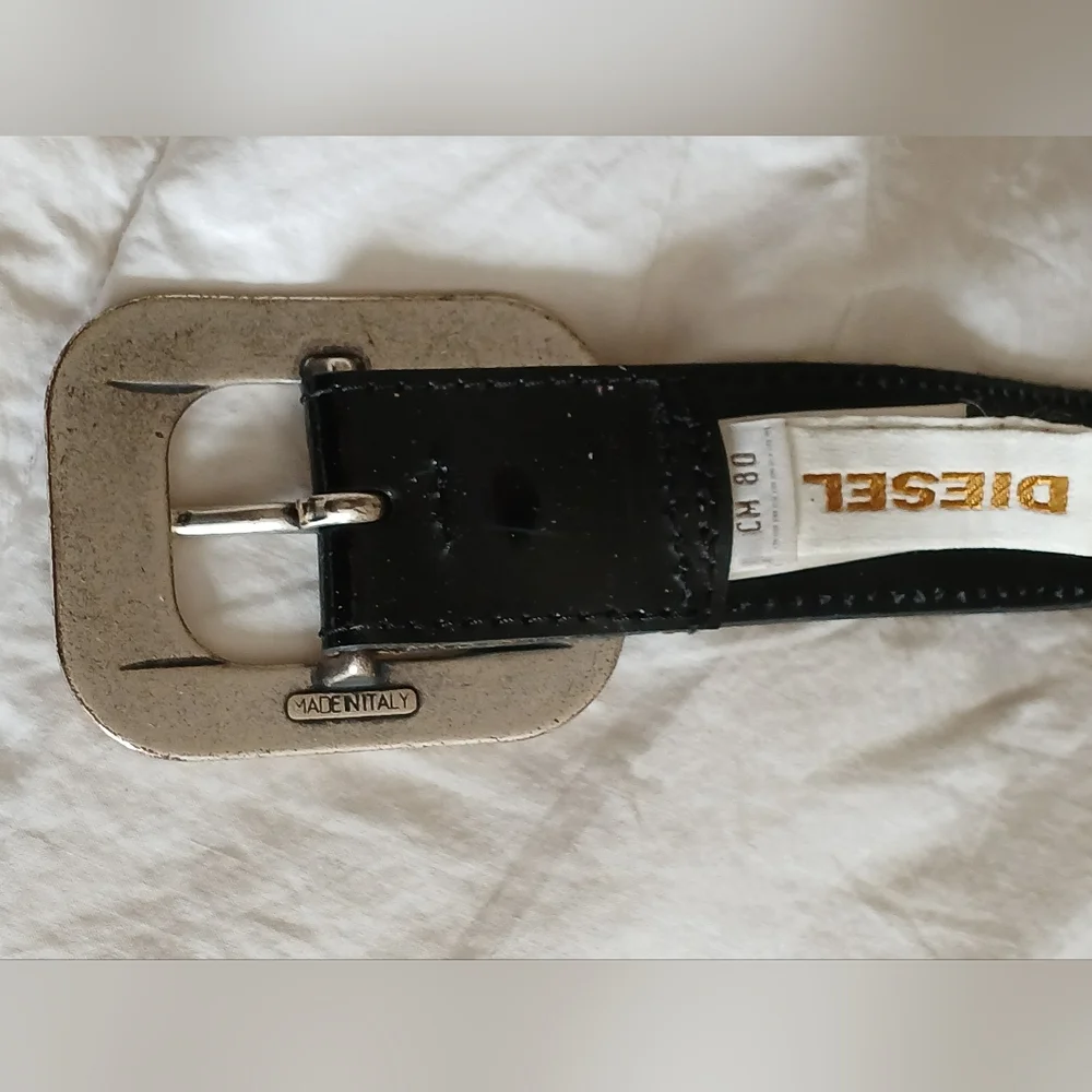 Diesel Black Patent Leather Belt W/ Large Metal Buckle - Picture 2 of 9